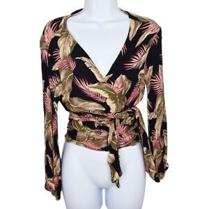 Billabong Black Wrap Blouse with Pink and Olive Leaf Print